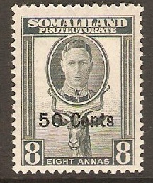 Somaliland Protectorate 1951 50c on 8a Grey. SG130.